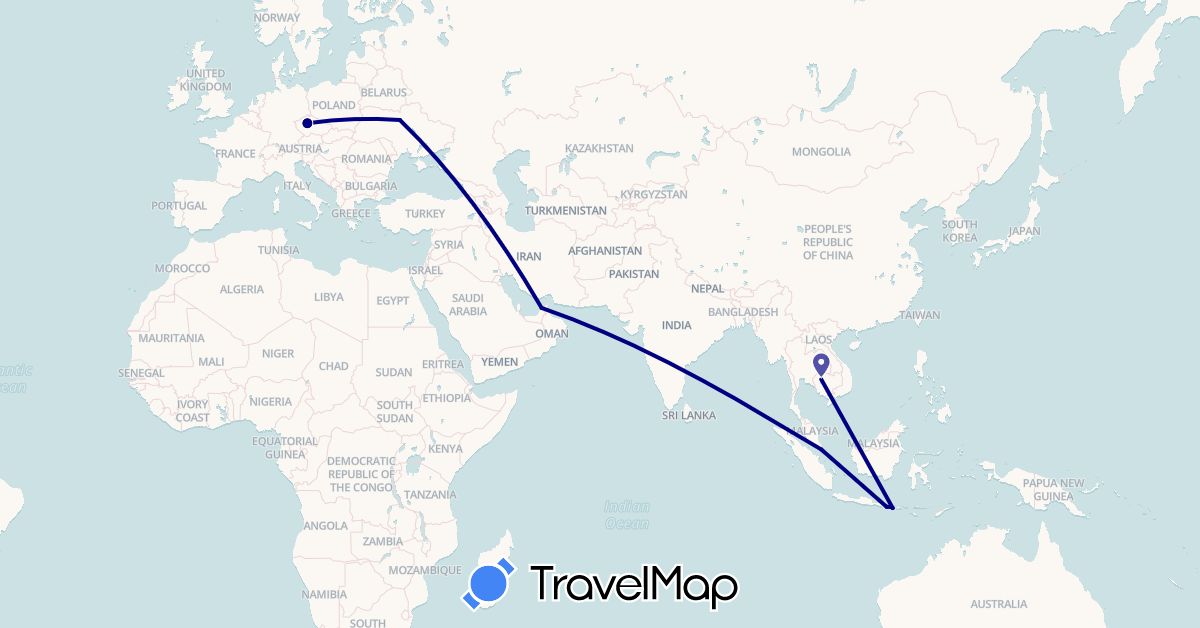 TravelMap itinerary: driving in United Arab Emirates, Czech Republic, Indonesia, Cambodia, Singapore, Ukraine (Asia, Europe)